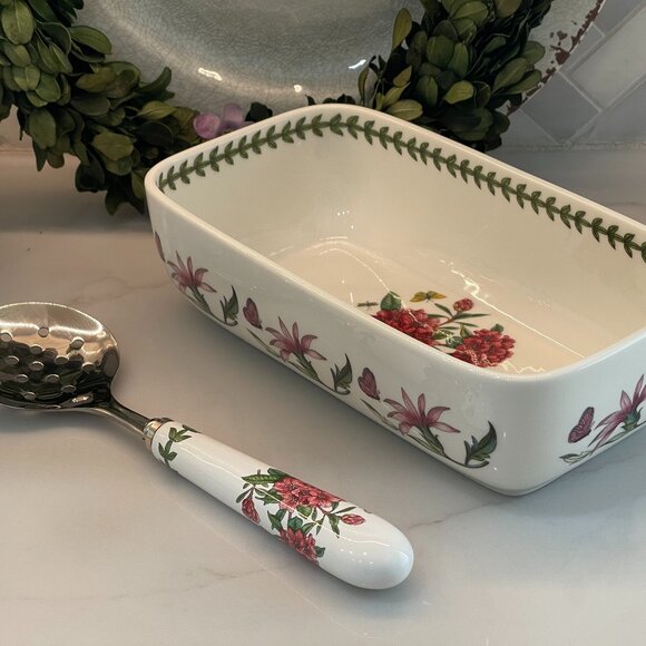 Botanical Garden Cranberry Dish with Slotted Spoon, 2-Piece Set-NEW - Picture 13 of 15